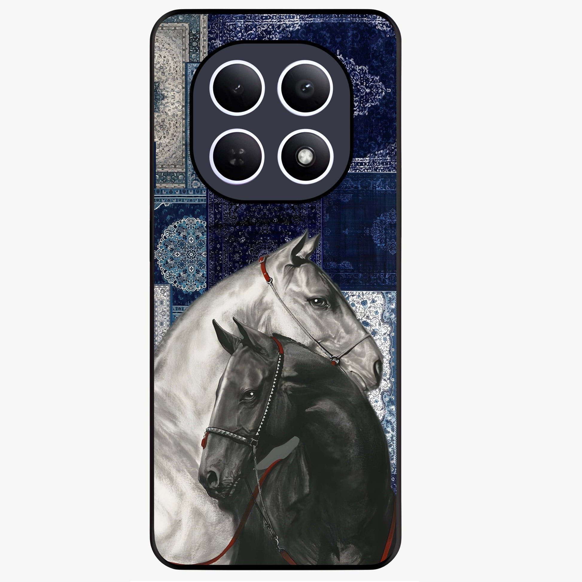 Midnight Stallion Blues Glass Case showing flat back view with majestic horse artwork and glossy glass finish.