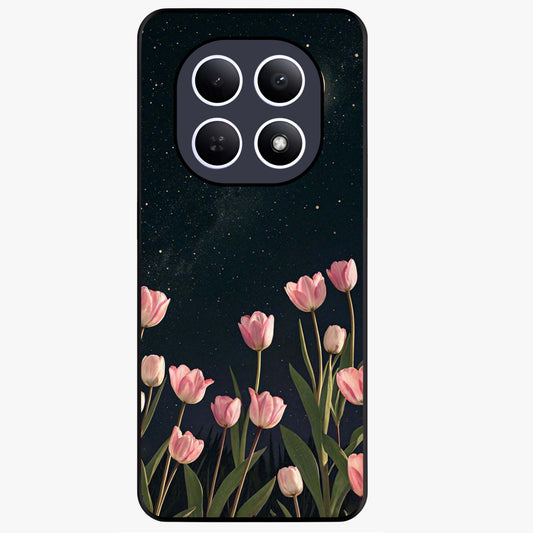 Midnight Tulip Whispers Vibe Glass Case showing flat back view with elegant tulip flower artwork and glossy glass finish.