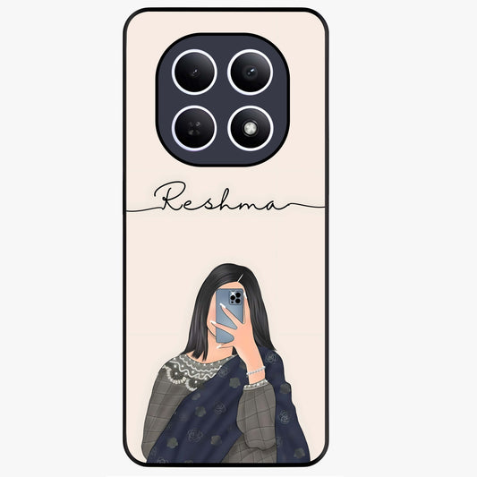 Mirror Mood Muse With Custom Name Glass Case showing flat back view with stylish mirrored artwork and personalized name design.