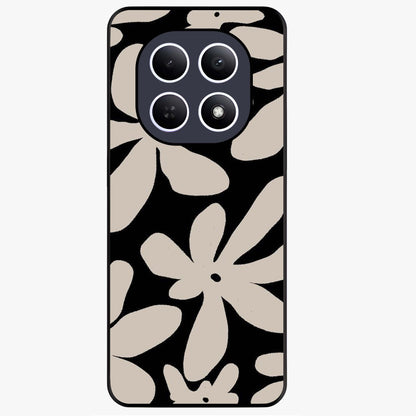 Monochrome Petal Dance Glass Case showing flat back view with monochrome floral artwork and glossy glass finish.