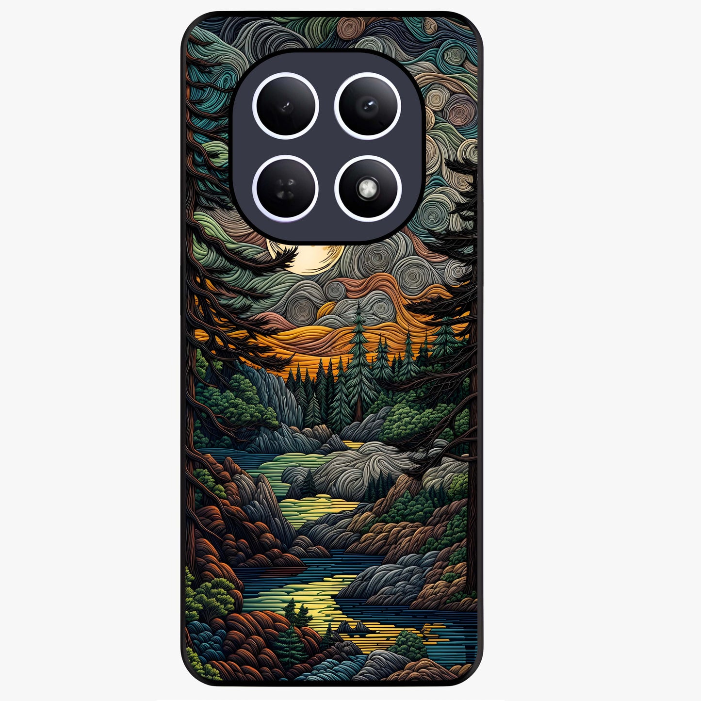 Moonlight Forest Dream Glass Case showing flat back view with mystical forest moonlight artwork and glossy glass finish.