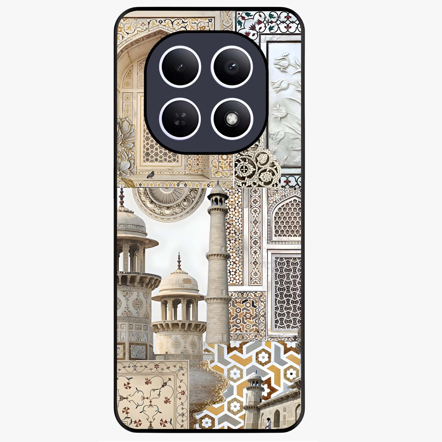 Mughal Marble Legacy Glass Case showing flat back view with intricate Mughal inspired marble pattern and glossy glass finish.