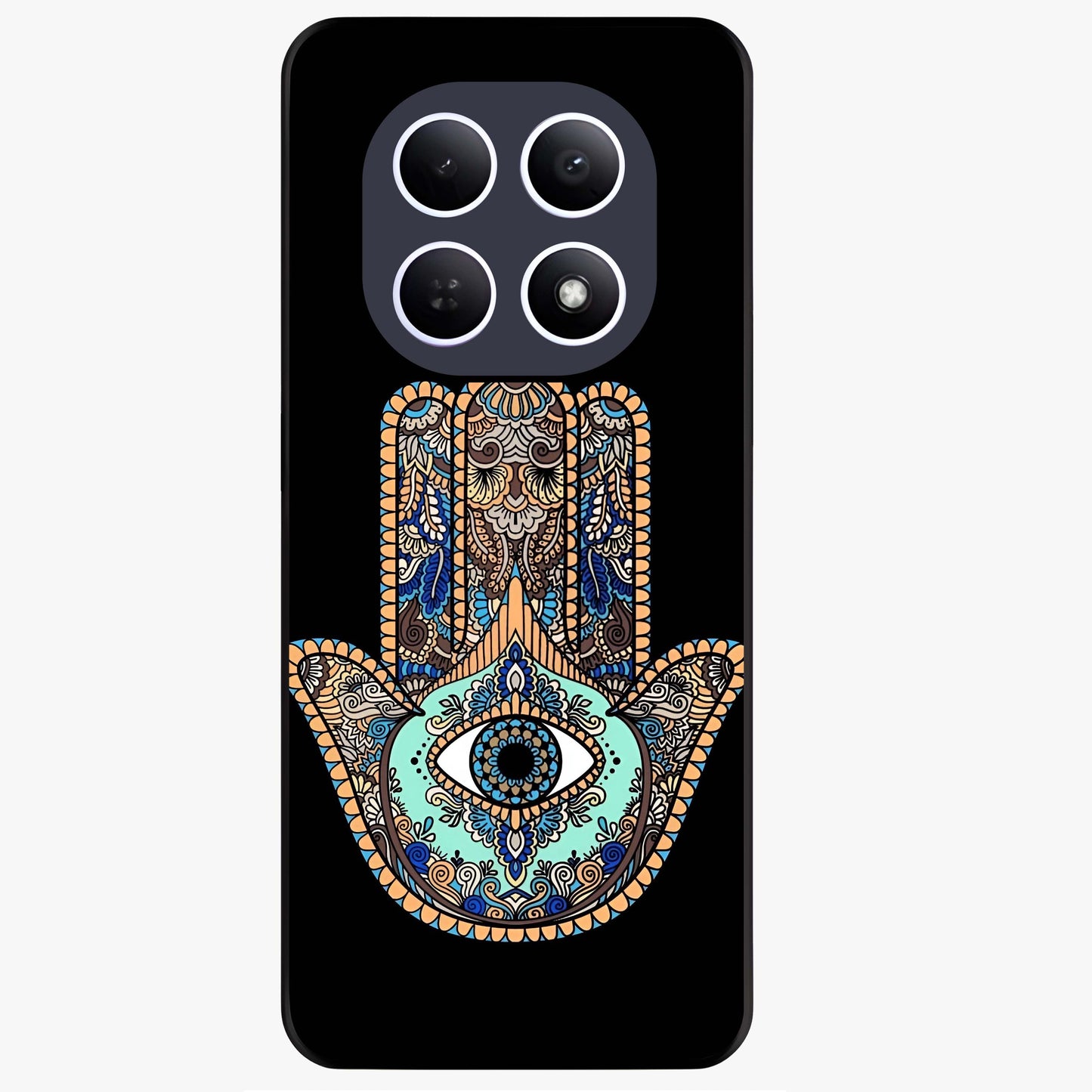 Mystic Hamsa Eye Glass Case showing flat back view with protective hamsa hand and evil eye artwork and glossy glass finish.