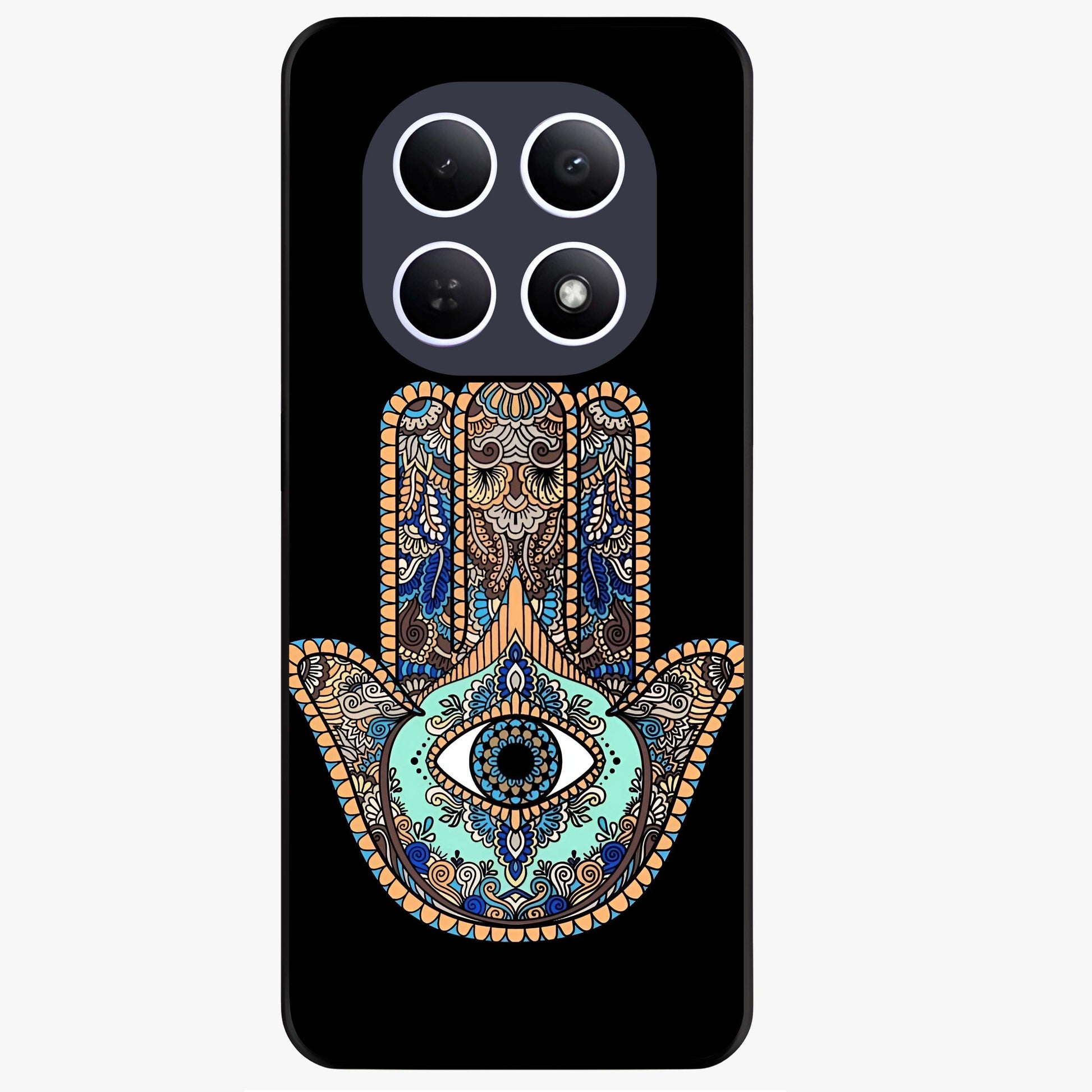 Mystic Hamsa Eye Glass Case showing flat back view with protective hamsa hand and evil eye artwork and glossy glass finish.