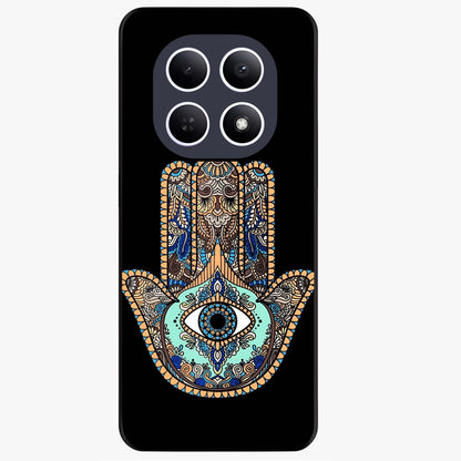 Mystic Hamsa Eye Glass Case showing flat back view with protective hamsa hand and evil eye artwork and glossy glass finish.