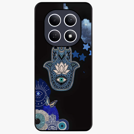 Mystic Hand Aura Glass Case showing flat back view with mystical hand symbol artwork and glossy glass finish.