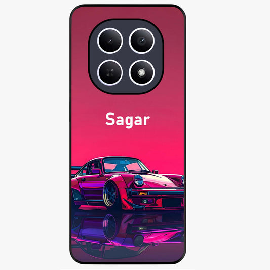 Neon Pink Porsche Glass Case showing flat back view with stylish sports car artwork and glossy glass finish.