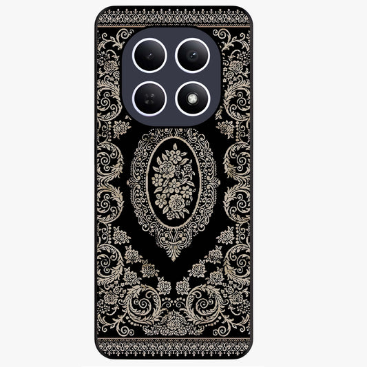 Noir Bloom Elegance Glass Case showing flat back view with elegant dark floral artwork and glossy glass finish.
