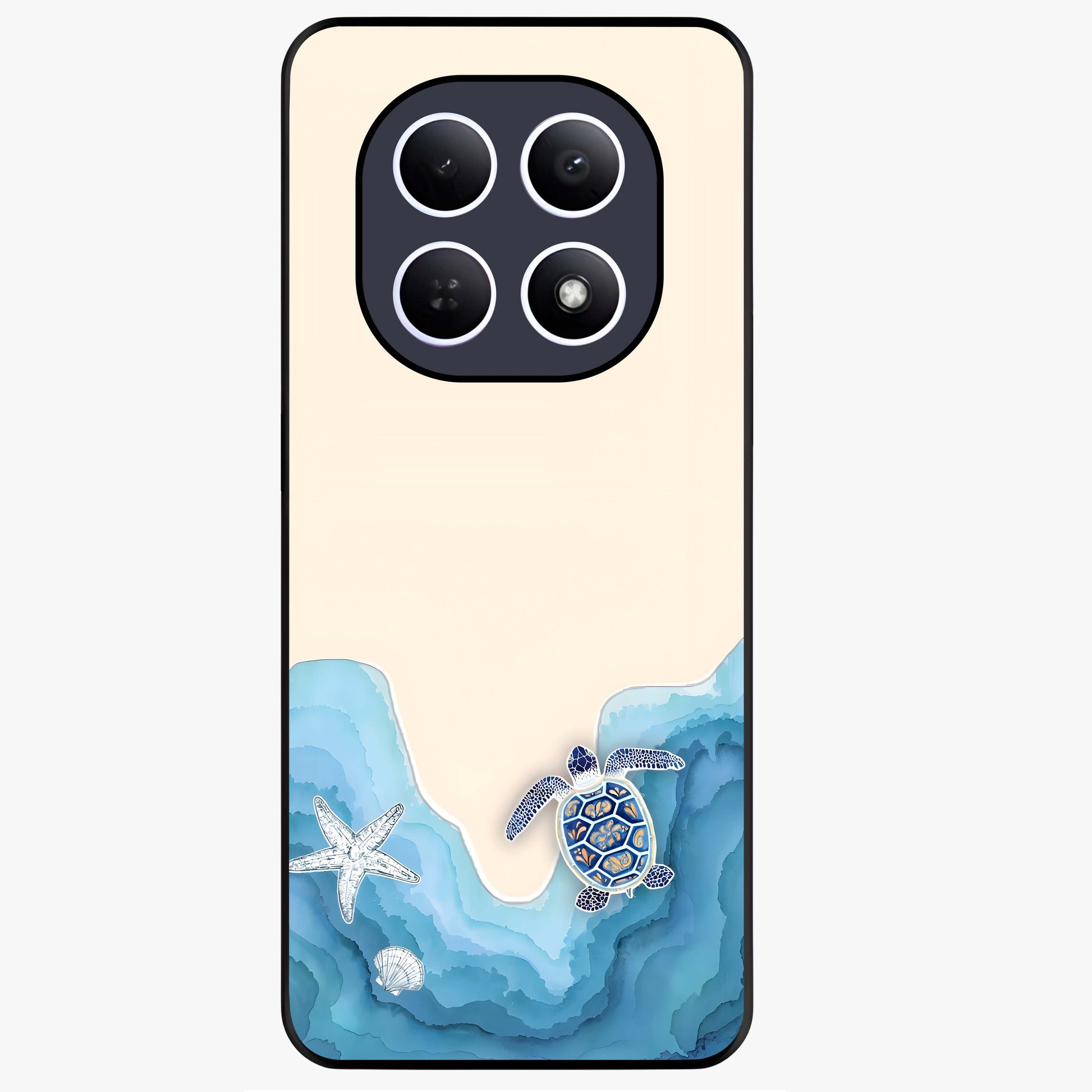 Ocean Drift Turtle Glass Case showing flat back view with sea turtle artwork and glossy glass finish.