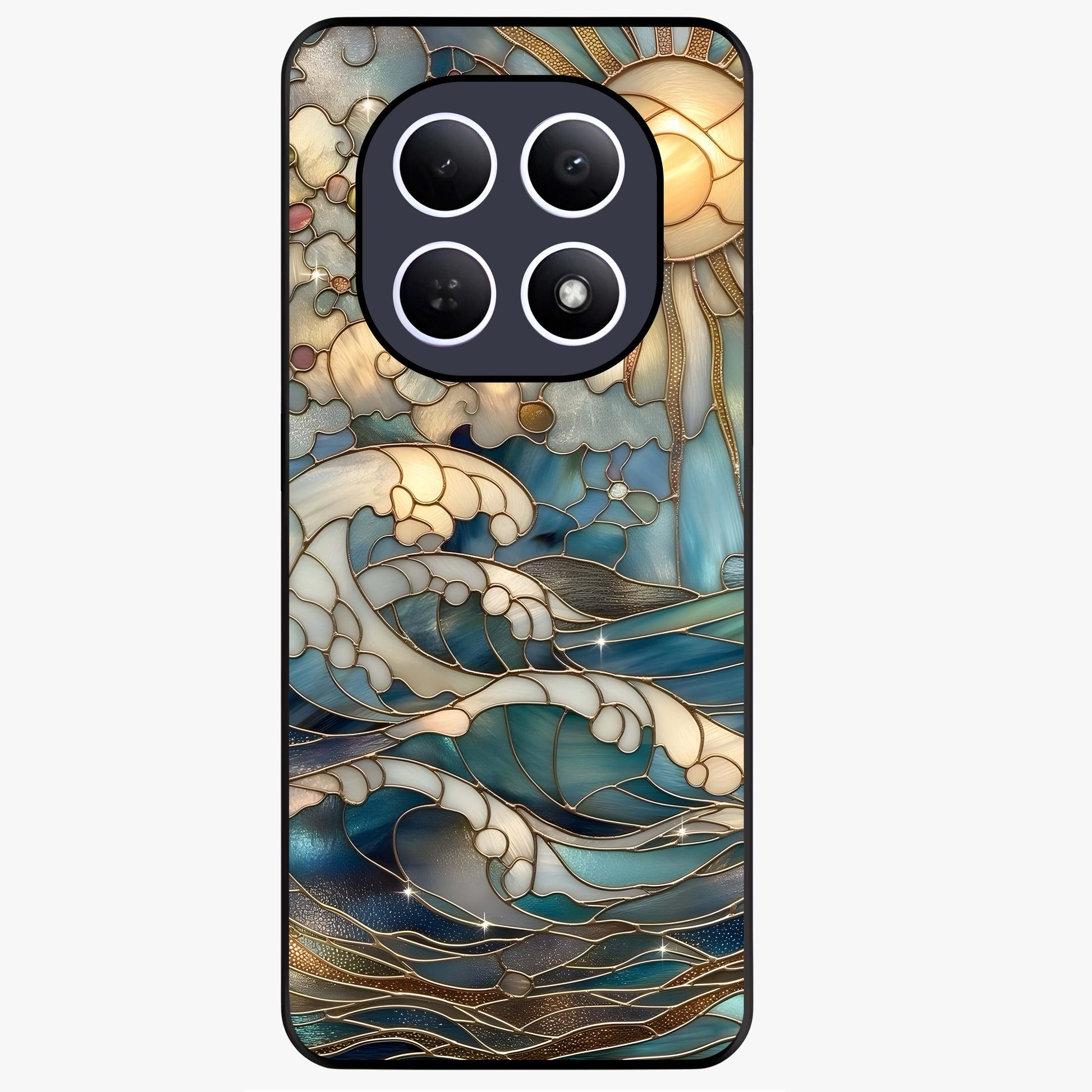 Oceanic Stained Printed Glass Case showing flat back view with ocean inspired stained pattern artwork and glossy glass finish.