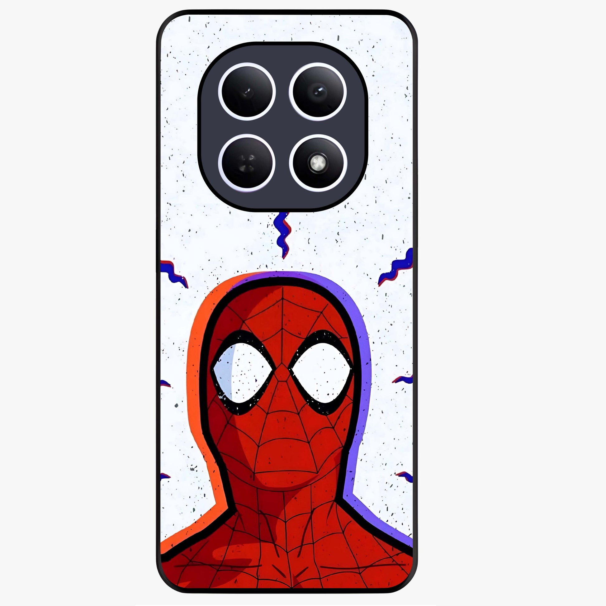 Omg Spiderman Glass Case showing flat back view with bold superhero inspired artwork and glossy glass finish.