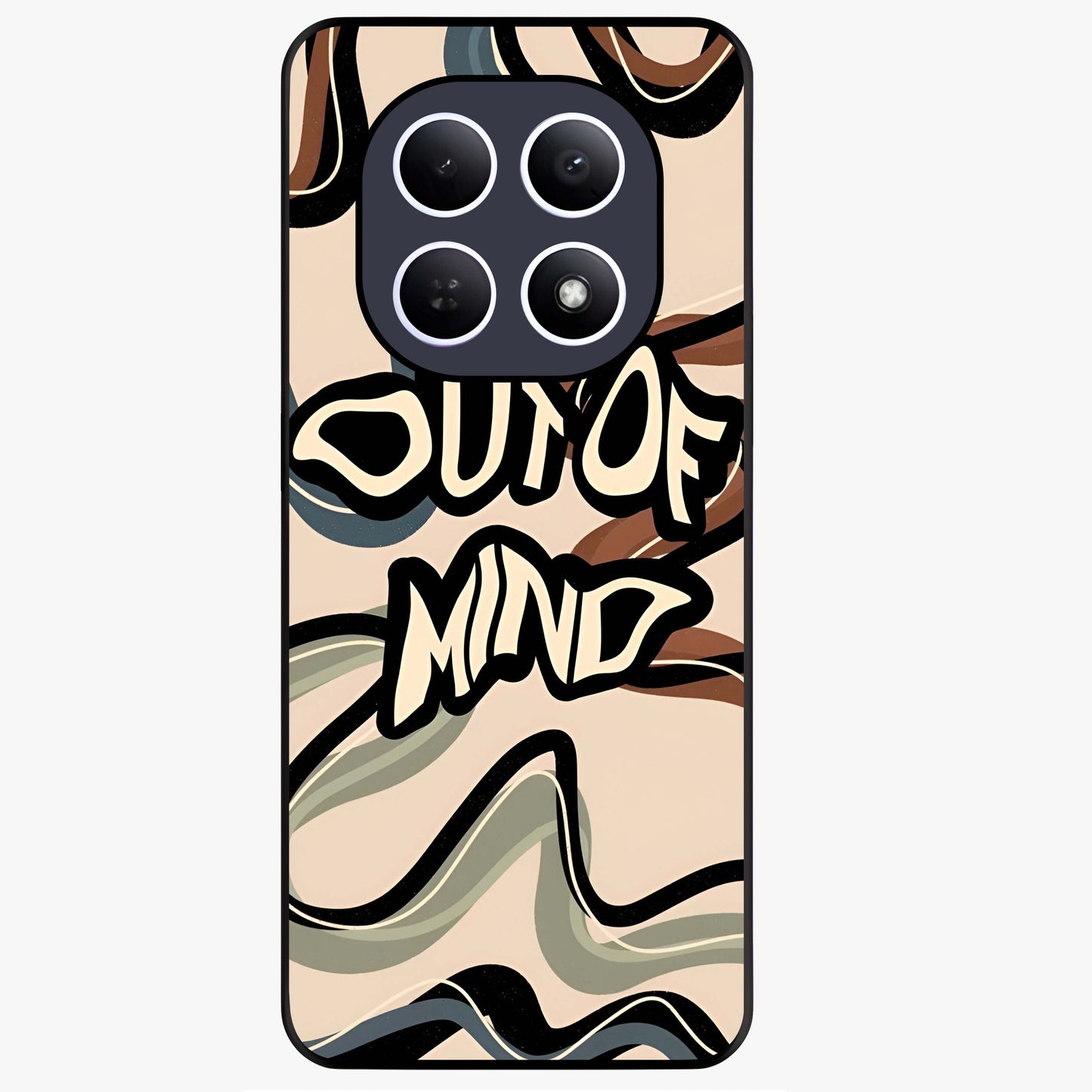 Out Of Mind Glass Case showing flat back view with expressive typography artwork and glossy glass finish.