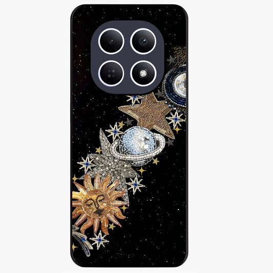 Pearls Universe Object Glass Case showing flat back view with pearl inspired cosmic artwork and glossy glass finish.