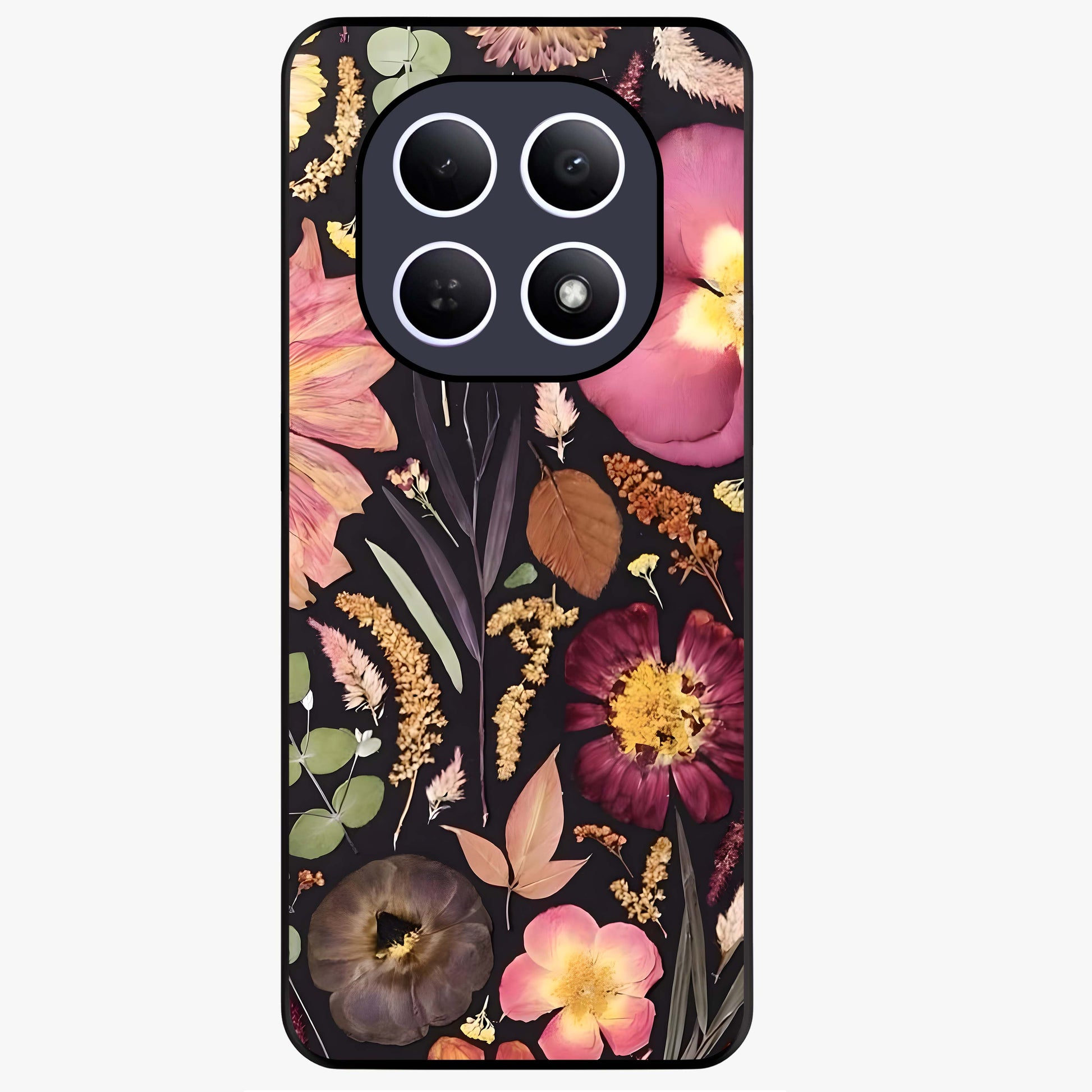 Petal Dream Tapestry Glass Case showing flat back view with intricate floral tapestry artwork and glossy glass finish.