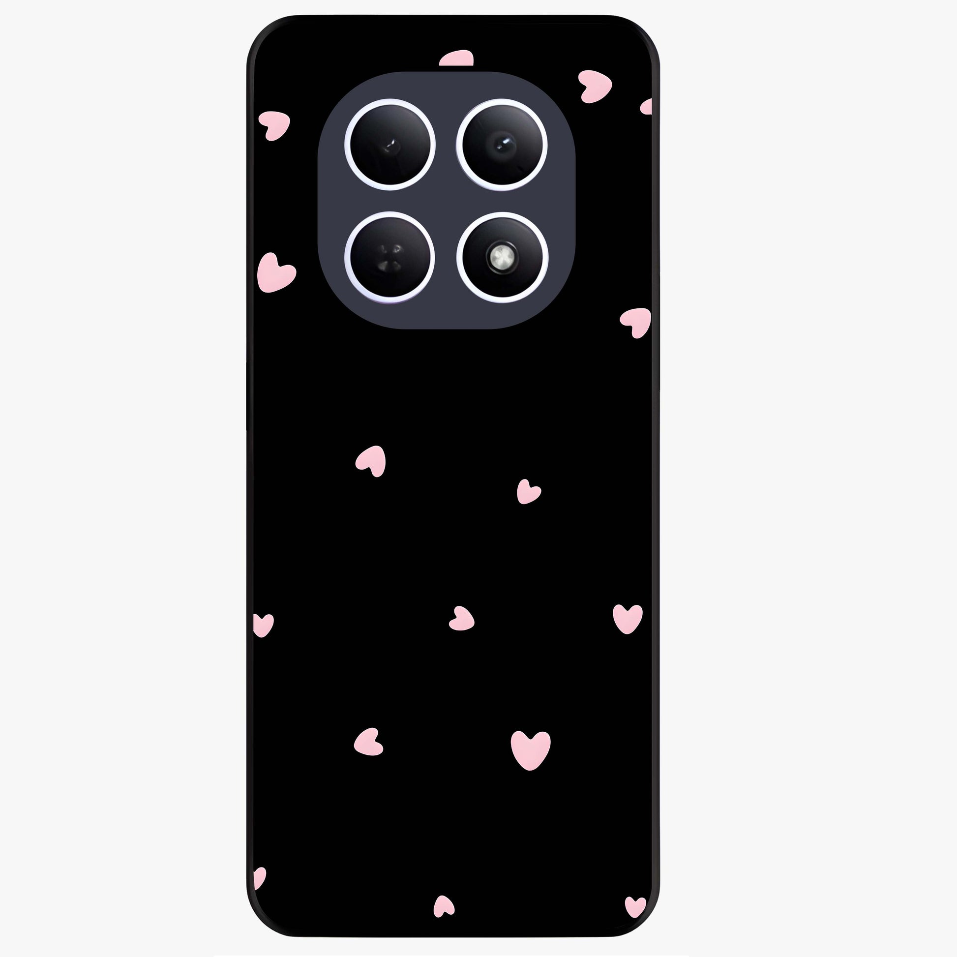 Pink Love Drops Glass Case showing flat back view with playful pink heart drops artwork and glossy glass finish.