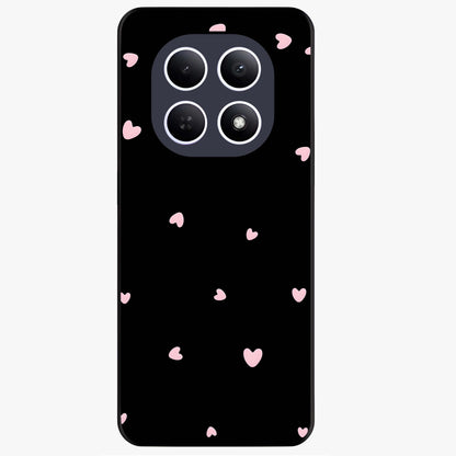 Pink Love Drops Glass Case showing flat back view with playful pink heart drops artwork and glossy glass finish.