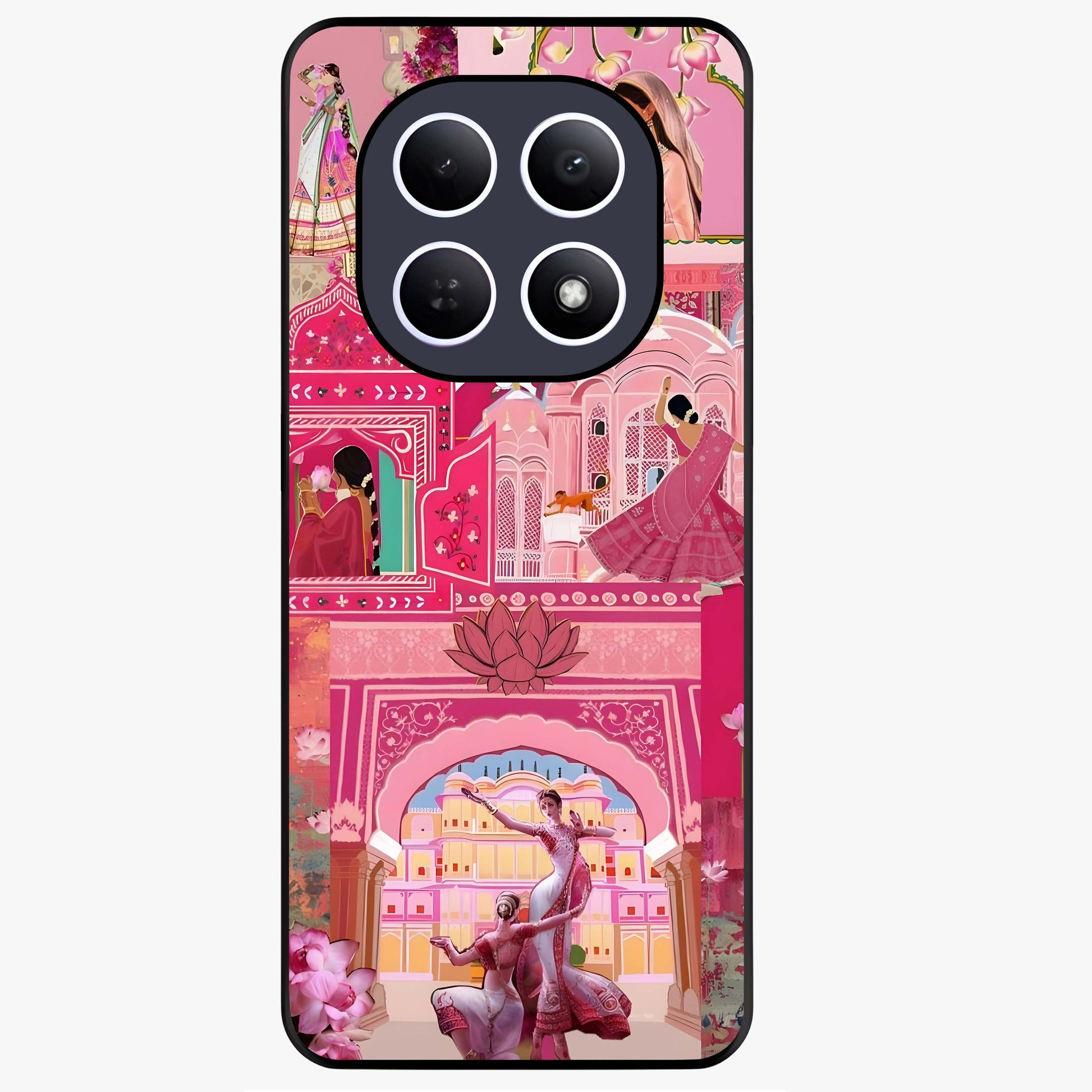 Pink Palace Muse Glass Case showing flat back view with elegant palace inspired artwork and glossy glass finish.