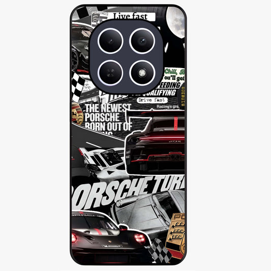 Porsche Racing Collage Glass Case showing flat back view with sports car racing collage artwork and glossy glass finish.
