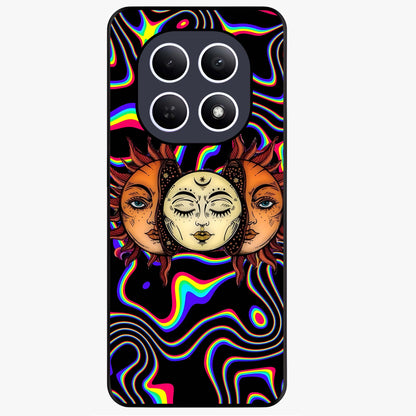 Psychedelic Sun Glass Case showing flat back view with colorful psychedelic sun artwork and glossy glass finish.