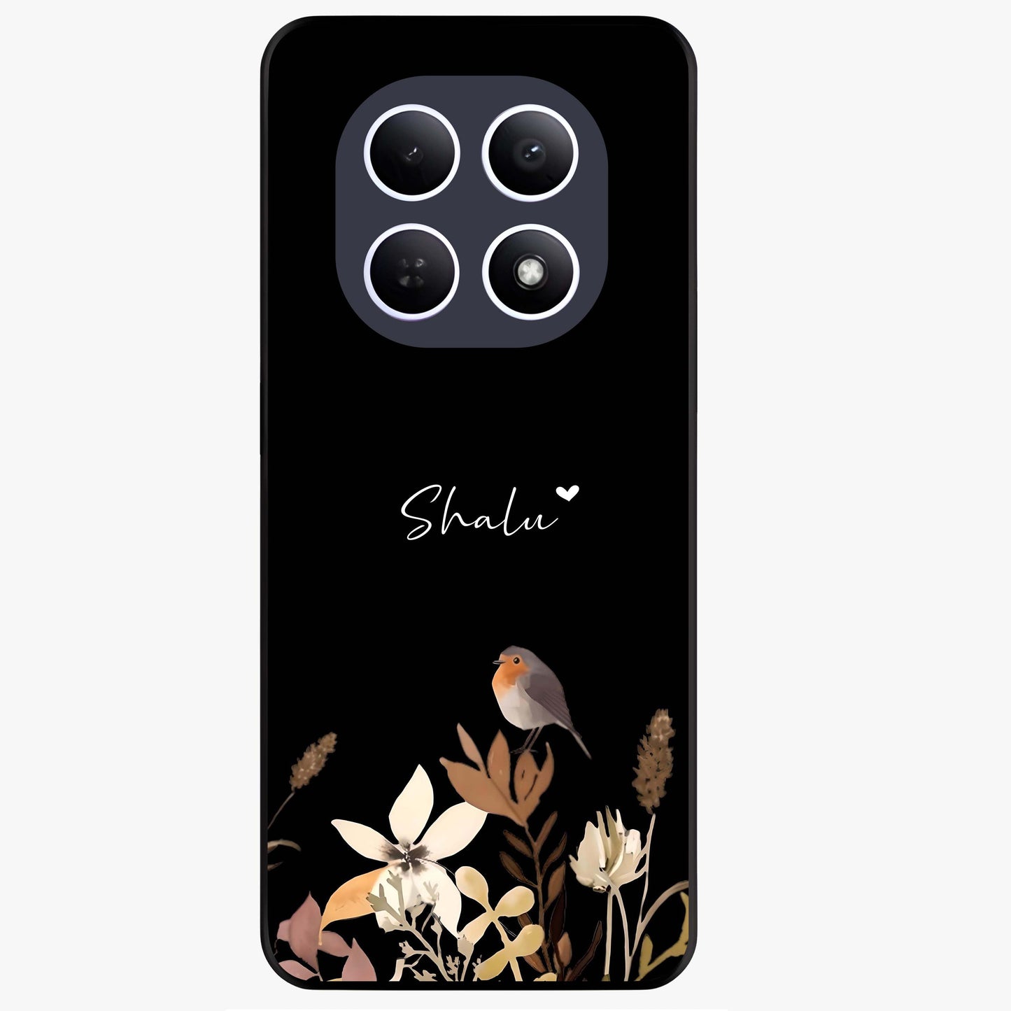 Quiet Garden Tune Custom Name Glass Case showing flat back view with peaceful garden artwork and personalized name design.