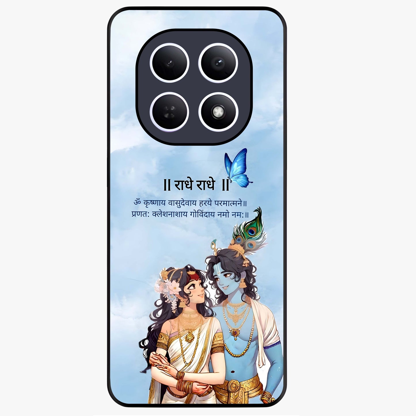 Radha Krishna Eternal Glass Case showing flat back view with Radha Krishna devotional artwork and glossy glass finish.