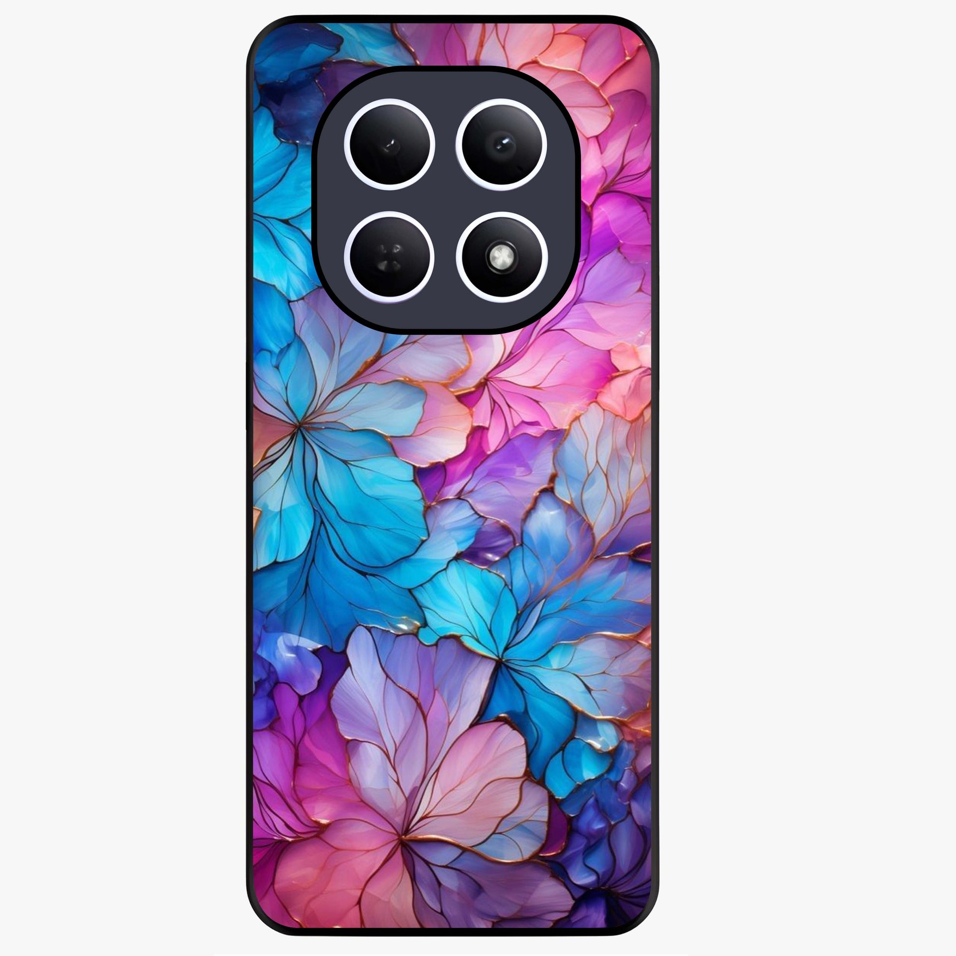 Radiant Floral Whirl Glass Case showing flat back view with swirling floral artwork and glossy glass finish.