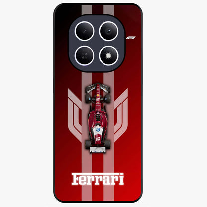 Red Ferrari F1 Vertical Glass Case showing flat back view with sleek Formula racing car artwork and glossy glass finish.