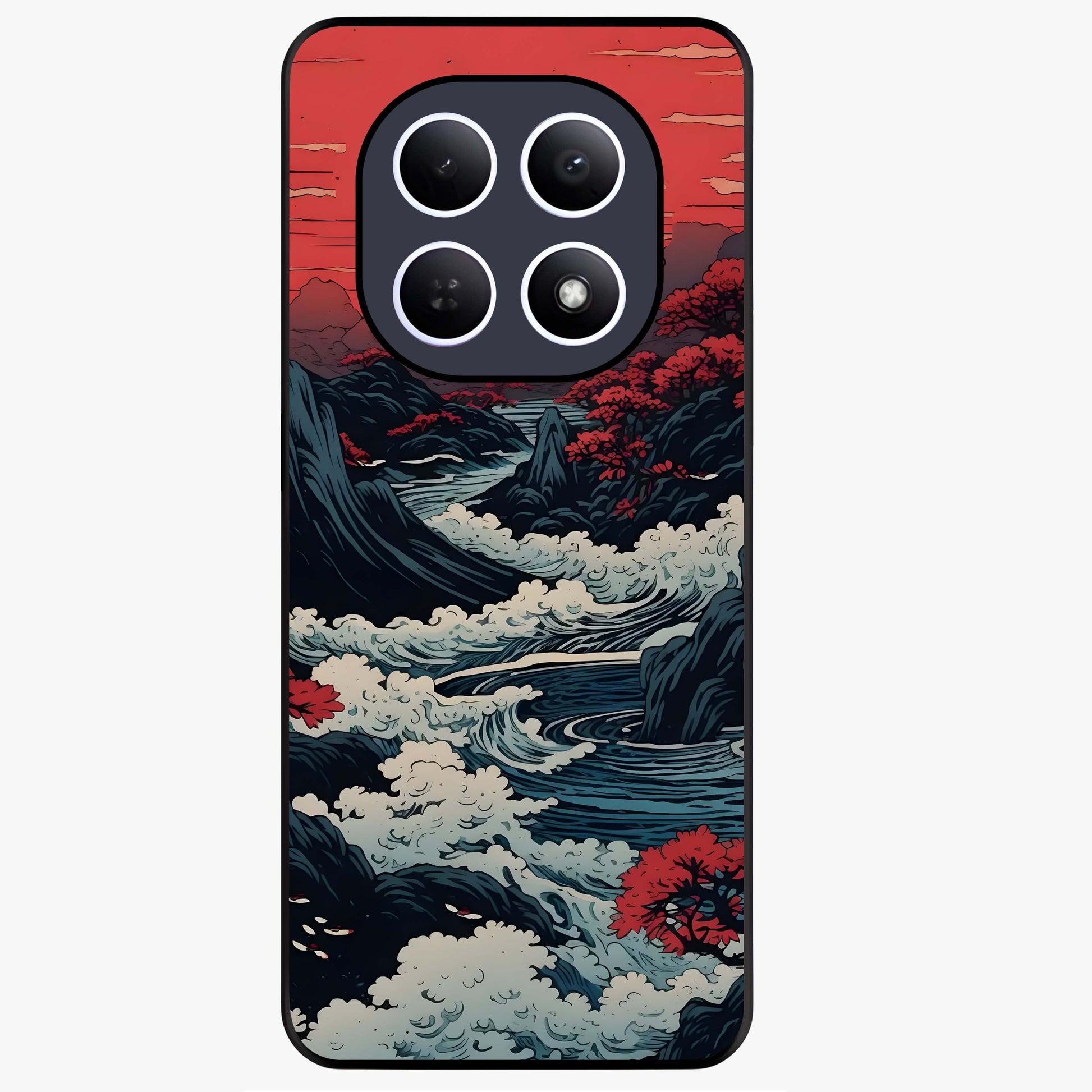 Red Sunset Scenery Glass Case showing flat back view with vibrant sunset landscape artwork and glossy glass finish.