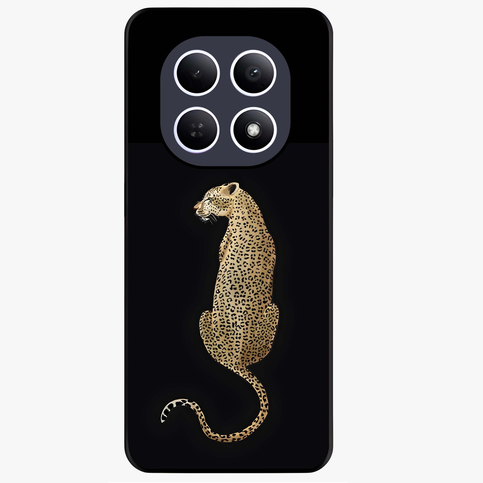 Regal Leopard Glass Case showing flat back view with bold leopard artwork and glossy glass finish.