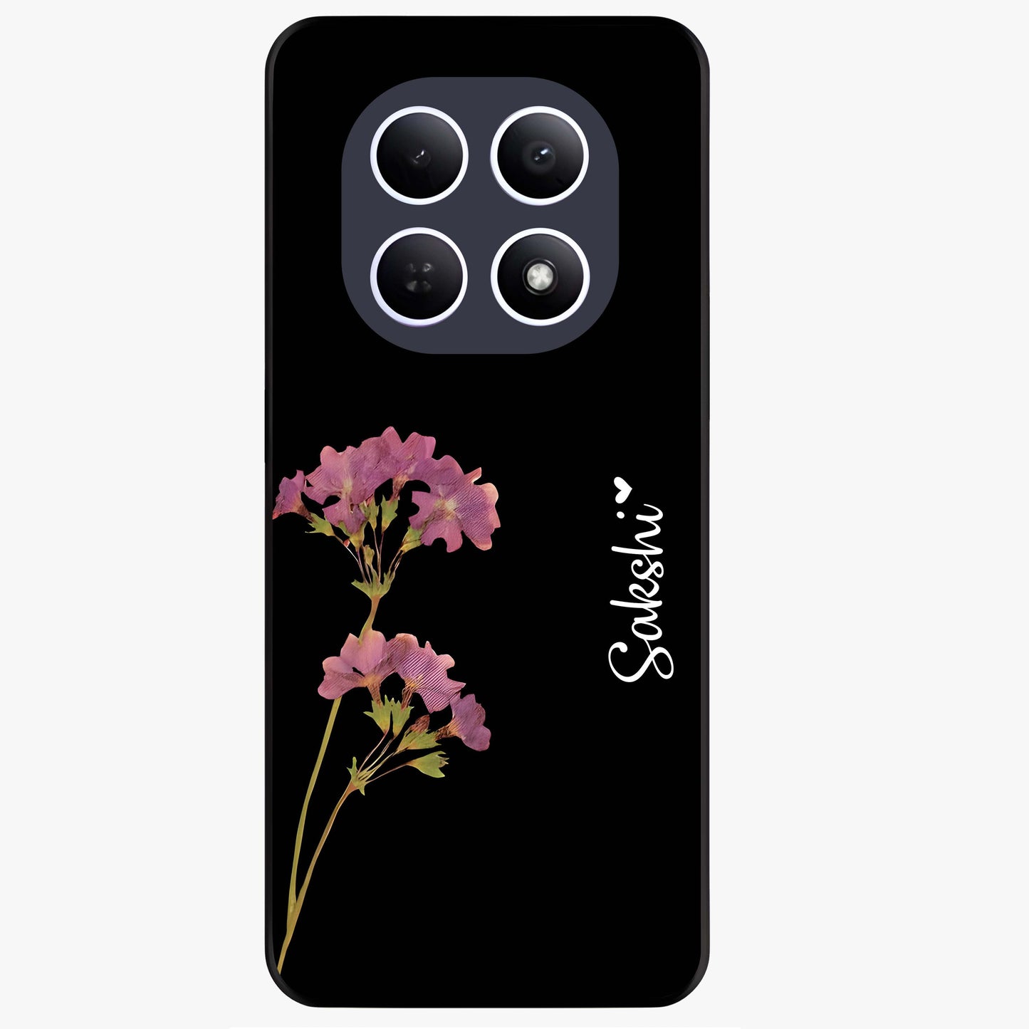 Riching Lavender Flower Custom Name Glass Case showing flat back view with lavender floral artwork and personalized name design.