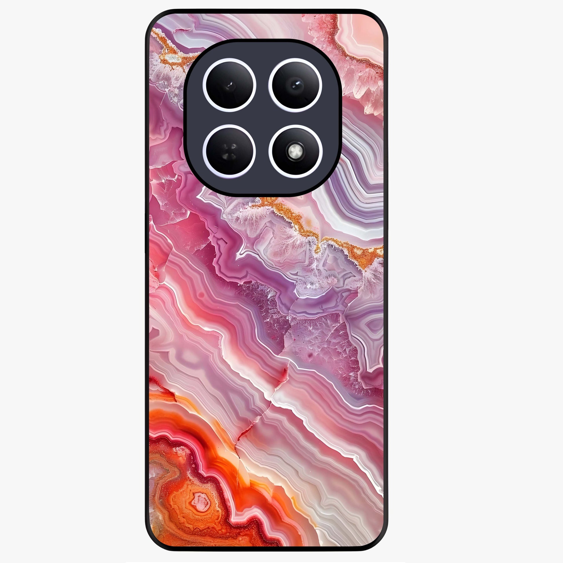 Rose Quartz Marble Glass Case showing flat back view with pink marble quartz texture artwork and glossy glass finish.