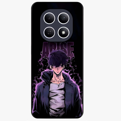 Shadow Monarch Awakening Glass Case showing flat back view with powerful dark monarch themed artwork and glossy glass finish.