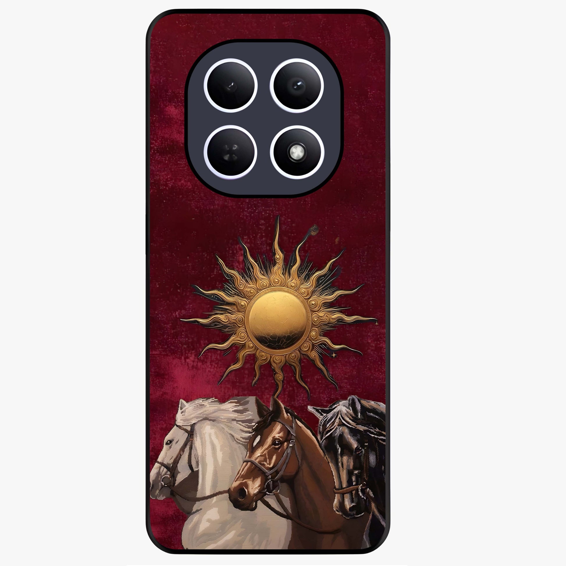 Solar Riders Glass Case showing flat back view with dynamic rider themed artwork and glossy glass finish.