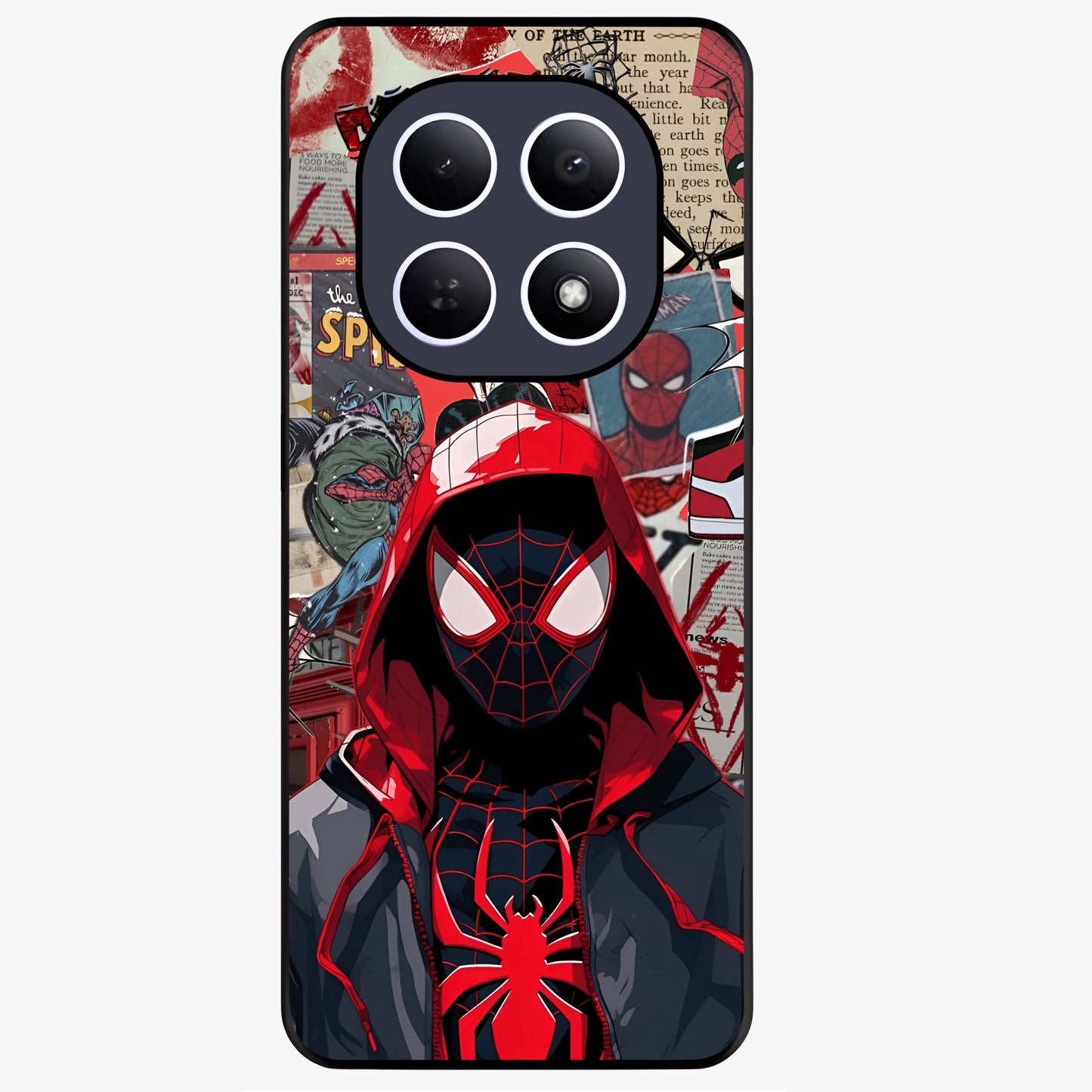 Spider Collage Street Glass Case showing flat back view with vibrant superhero collage artwork and glossy glass finish.