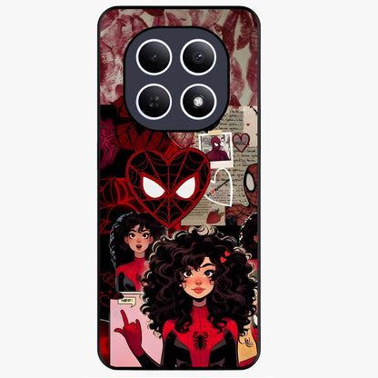 Spider Love Story Glass Case showing flat back view with romantic superhero themed artwork and glossy glass finish.
