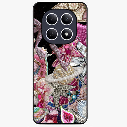 Starlit Jewel Dream Glass Case showing flat back view with sparkling jewel and star themed artwork and glossy glass finish.