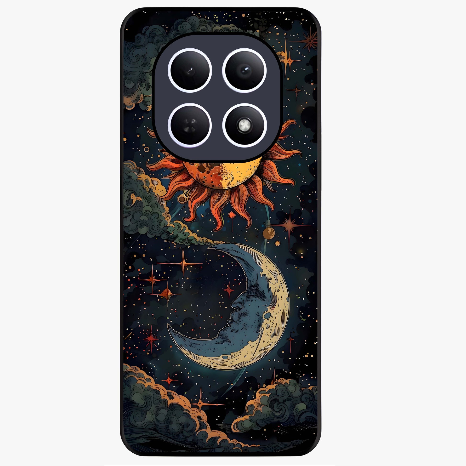 Sun And Moon Magic Design Glass Case showing flat back view with mystical sun and moon artwork and glossy glass finish.