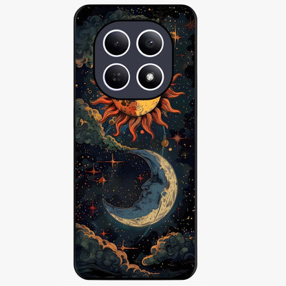 Sun And Moon Magic Design Glass Case showing flat back view with mystical sun and moon artwork and glossy glass finish.