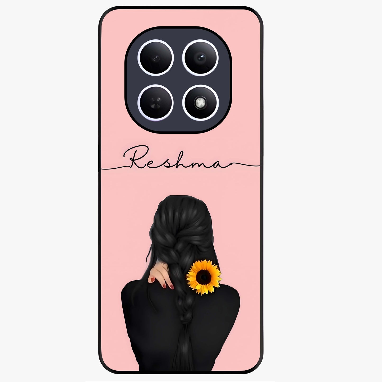 Sunflower Braid Beauty With Custom Name Glass Case showing flat back view with sunflower braid artwork and personalized name design.