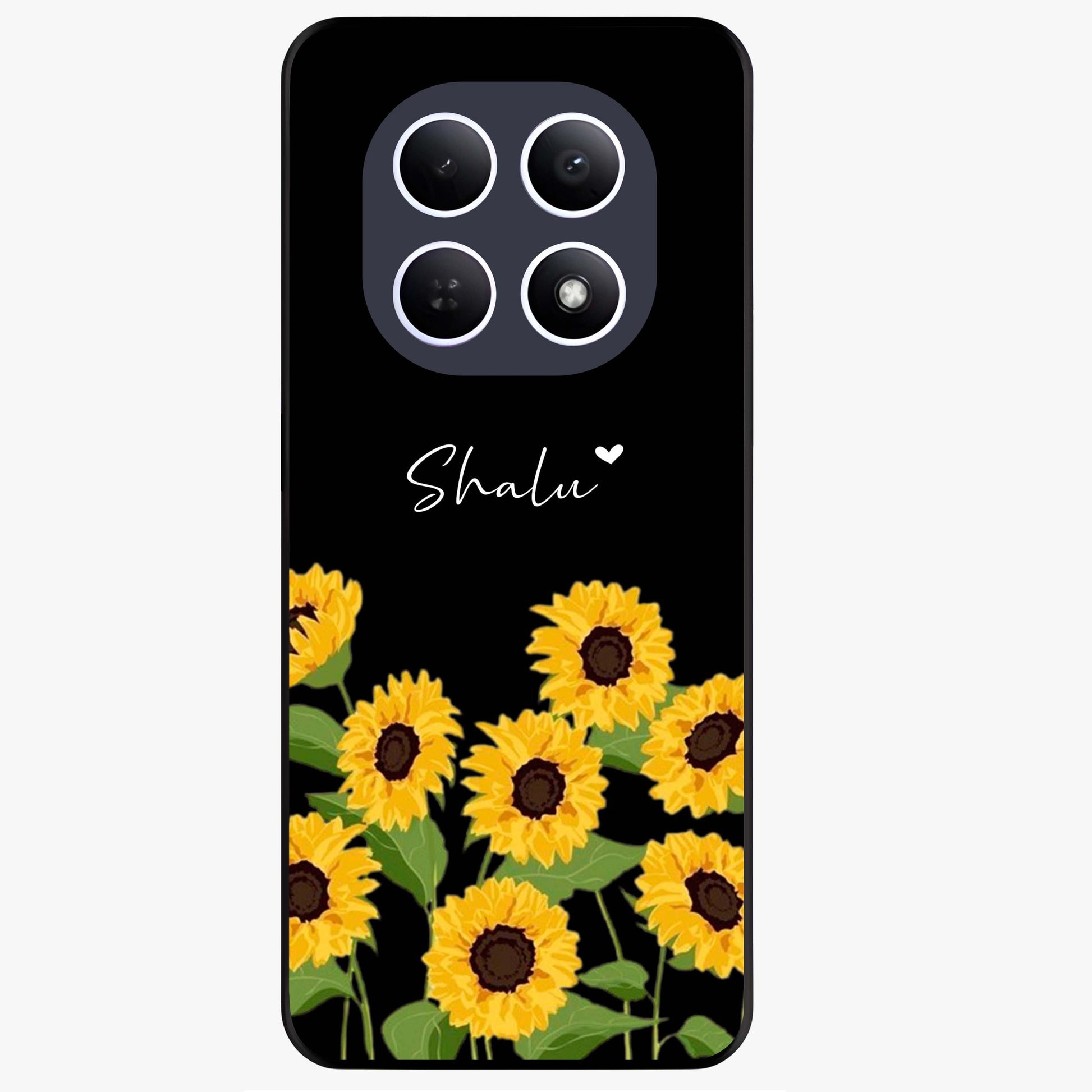 Sunflower Chic Mood Custom Name Glass Case showing flat back view with stylish sunflower artwork and personalized name design.