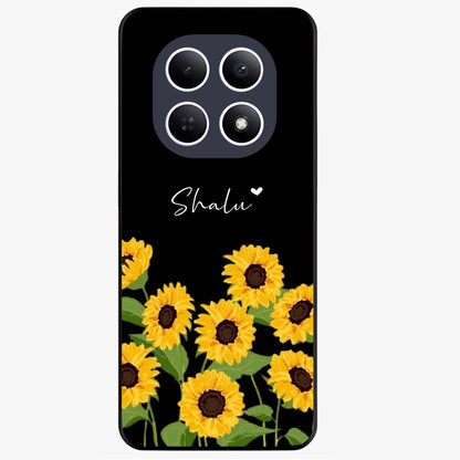 Sunflower Chic Mood Custom Name Glass Case showing flat back view with stylish sunflower artwork and personalized name design.