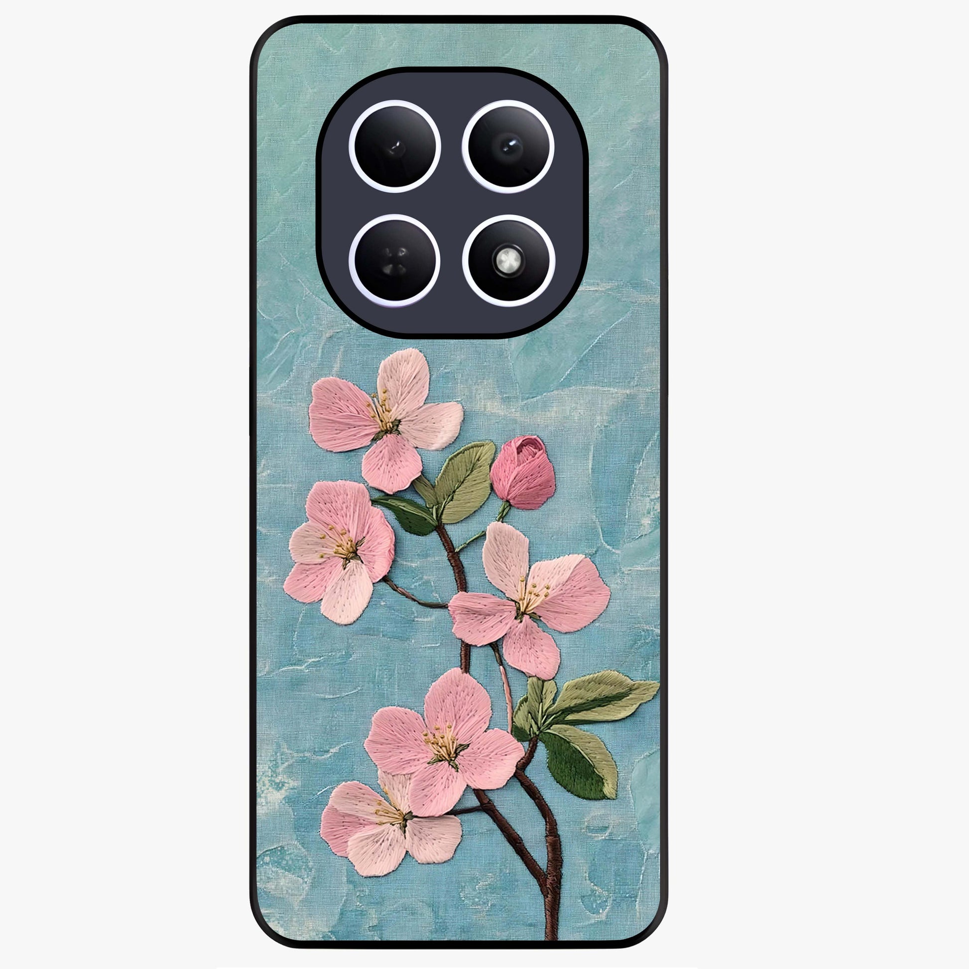 Threaded Blossom Breeze Glass Case showing flat back view with delicate blossom artwork and glossy glass finish.