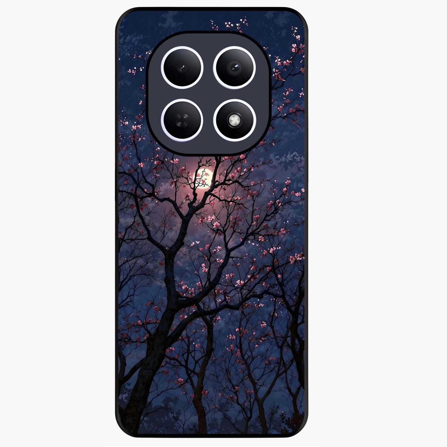 Twilight Sakura Serenade Glass Case showing flat back view with cherry blossom artwork at twilight and glossy glass finish.