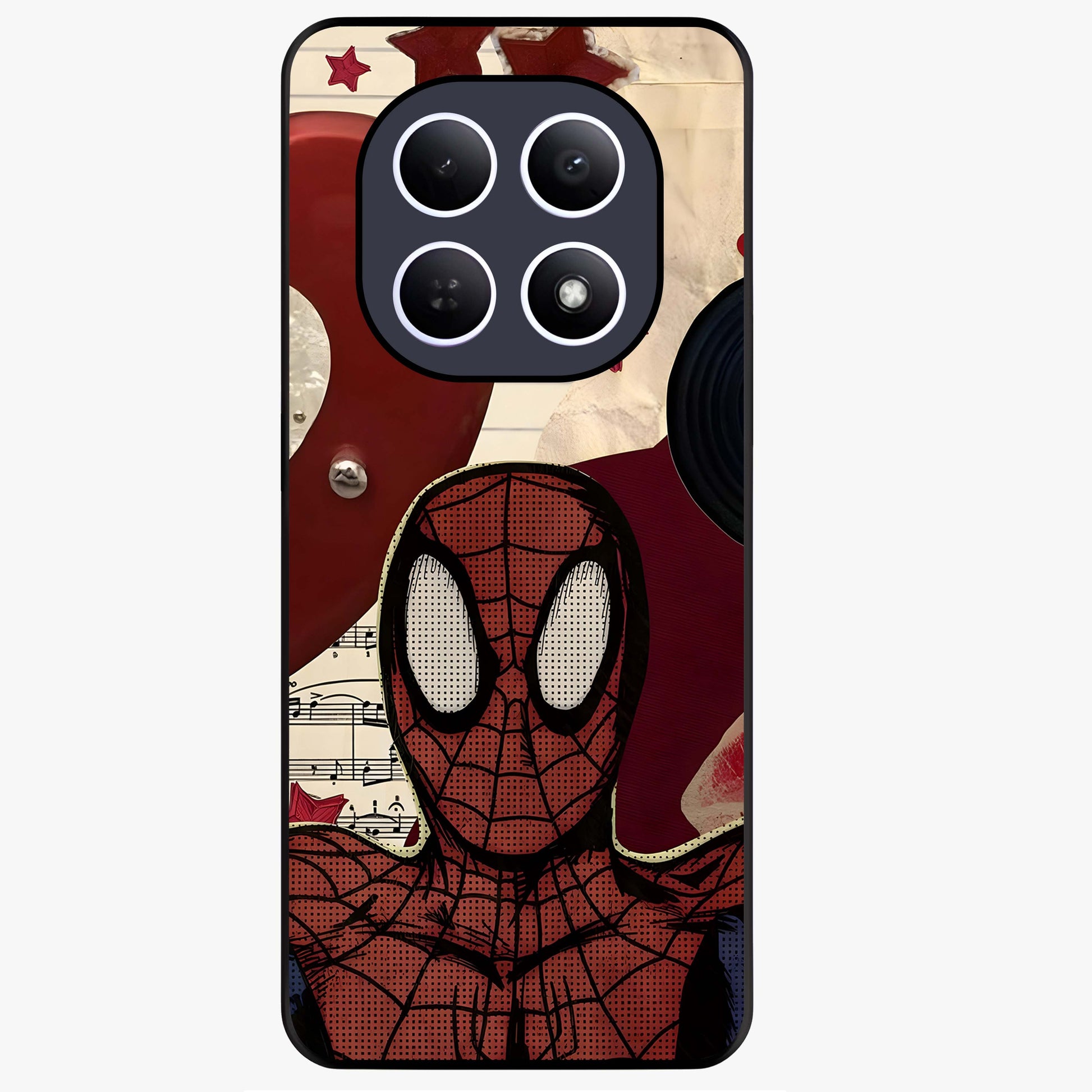 Web Warrior Vibes Glass Case showing flat back view with superhero inspired web themed artwork and glossy glass finish.