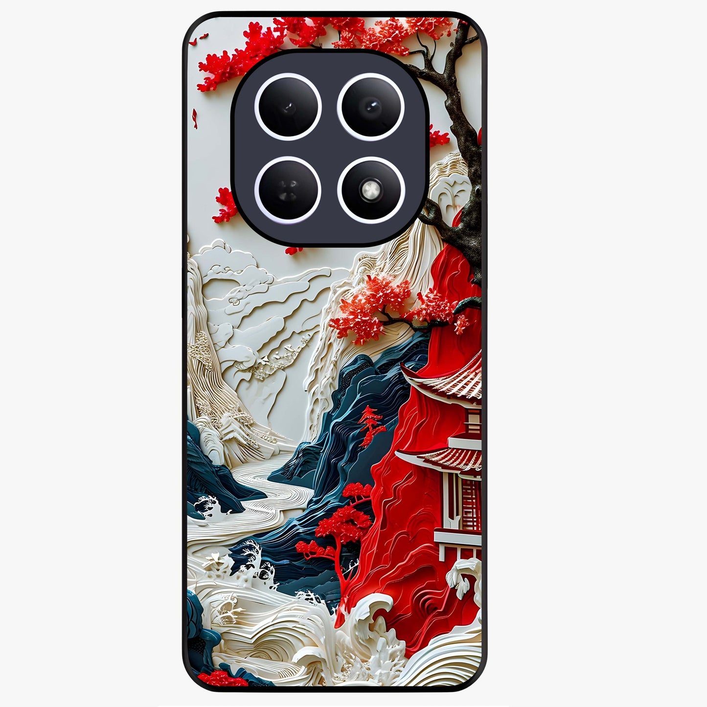 Whispers Of Sakura Waves Glass Case showing flat back view with cherry blossom wave artwork and glossy glass finish.