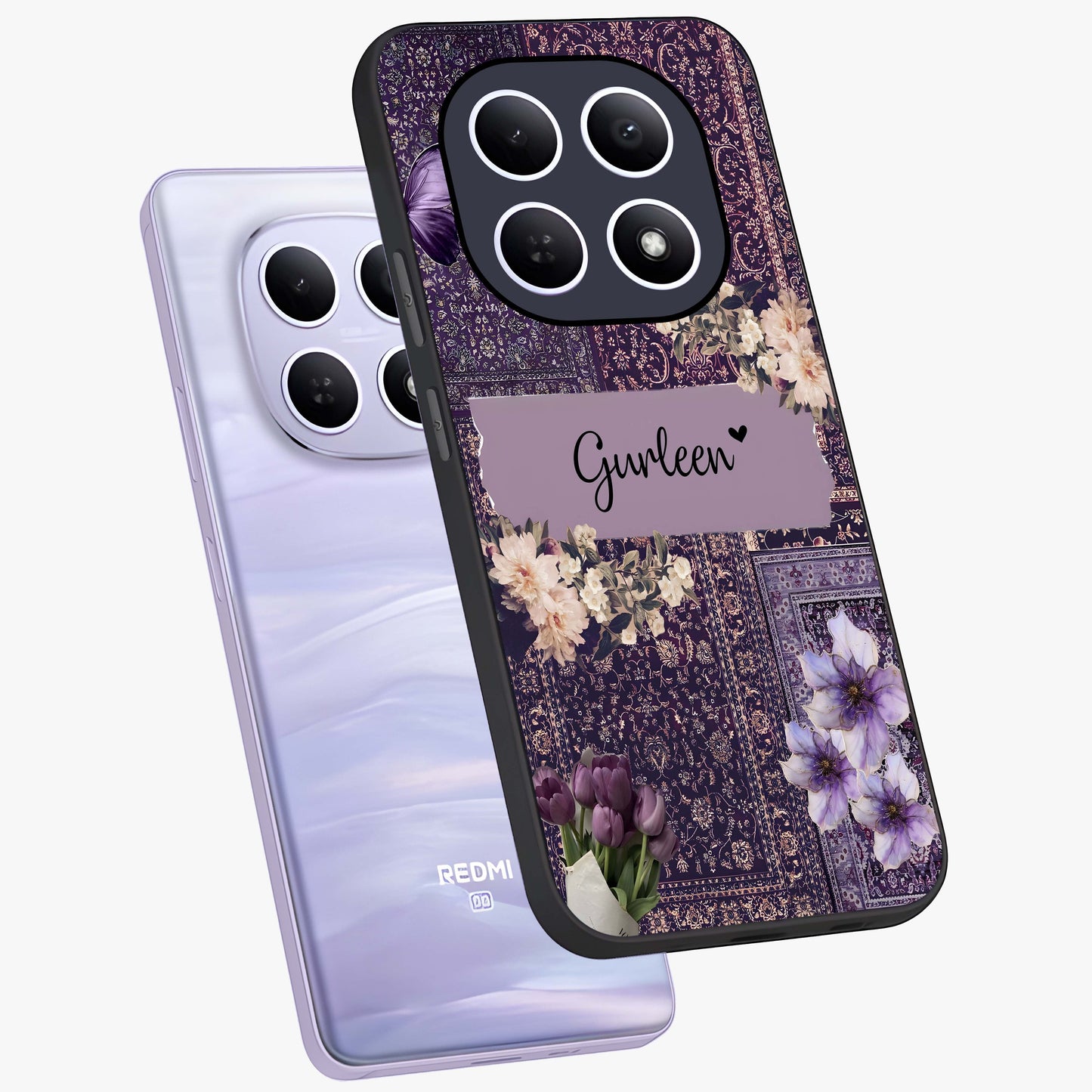 Antique Floral Whisper Custom Name Glass Case displayed in angled mockup highlighting elegant antique floral aesthetic.