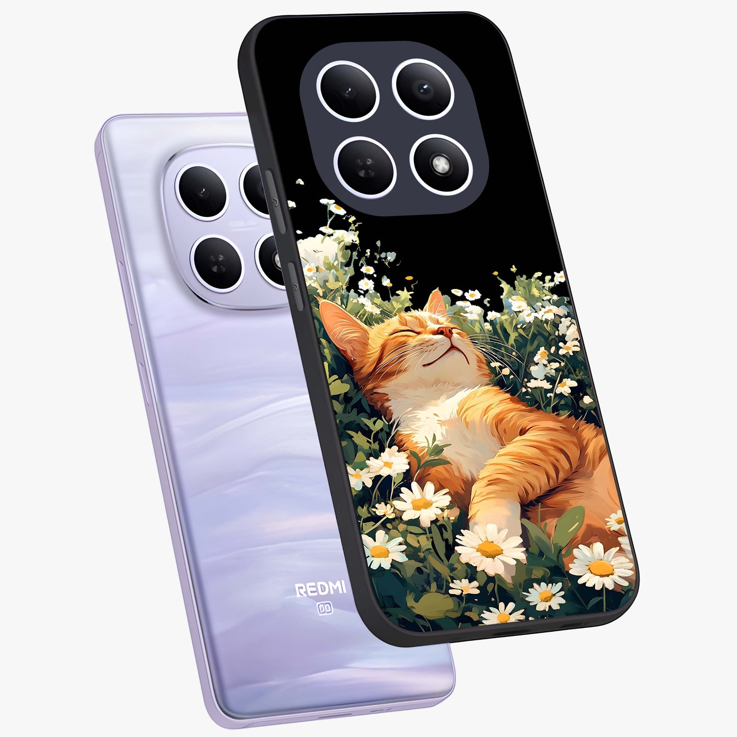 Blissful Bloom Cat Glass Case displayed in angled mockup highlighting playful feline illustration with soft floral aesthetic.
