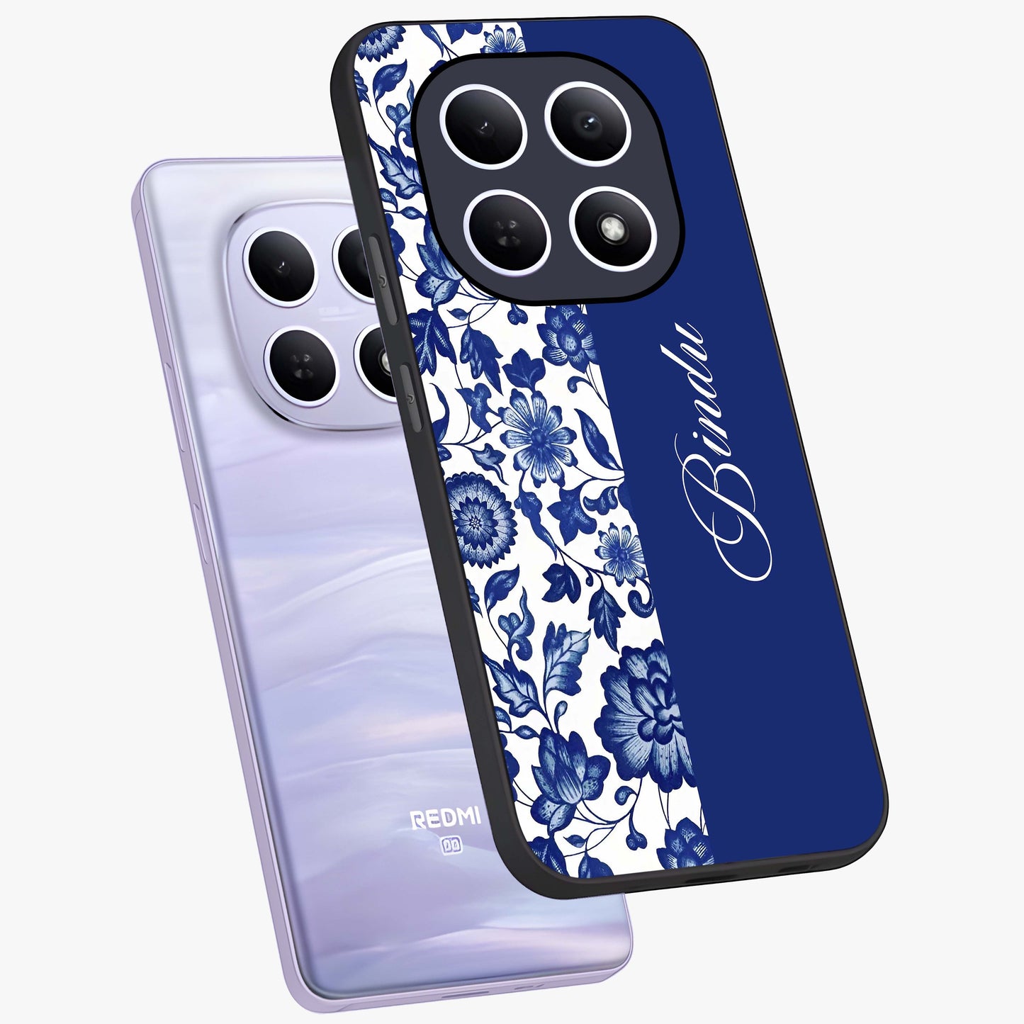 Blue Vintage Floral Pattern Glass Case displayed in angled mockup highlighting subtle bloom pattern with aesthetic pastel design.