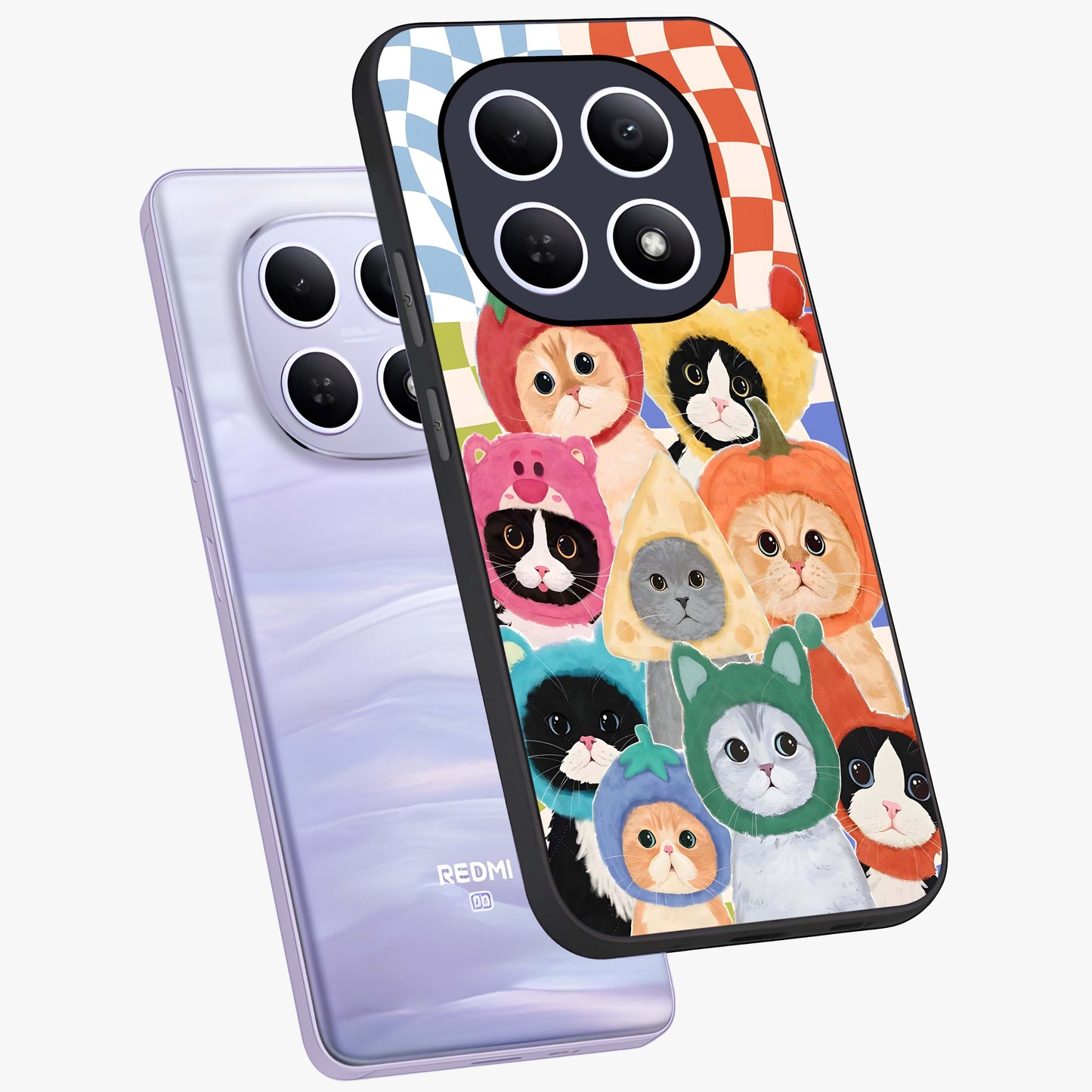 Cats in Fruits Glass Case displayed in angled mockup highlighting cute feline fruit design with colorful aesthetic style.