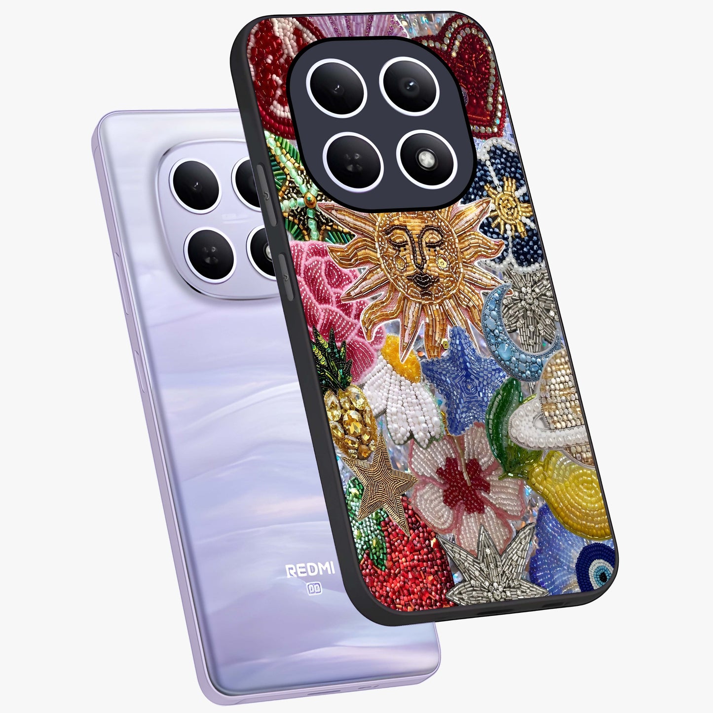 Celestial Floral and Playful Glass Case displayed in angled mockup highlighting playful floral design with dreamy celestial elements.